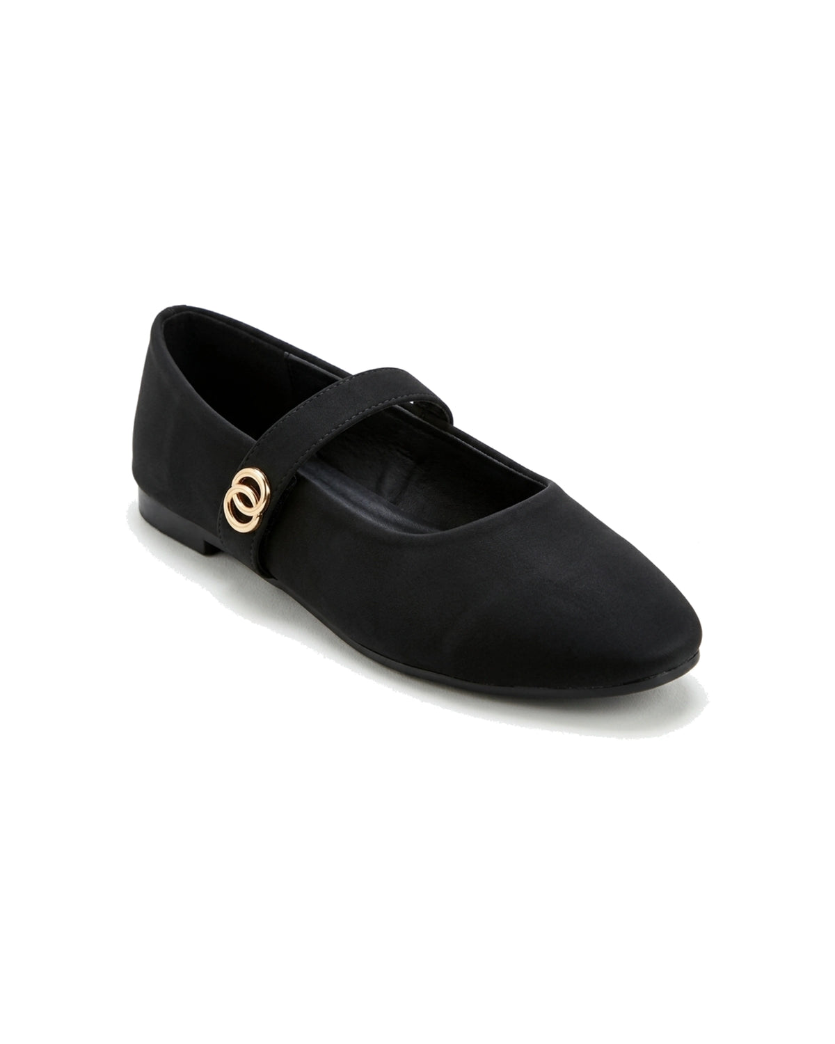 TKN Noelle black matte Mary Jane flat with a rounded toe and gold-tone interlocking ring detail — front three-quarter view.