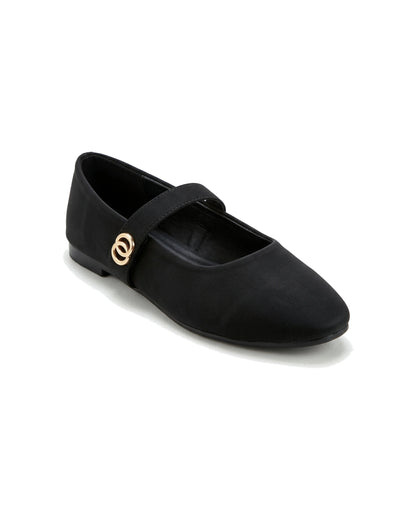 TKN Noelle black matte Mary Jane flat with a rounded toe and gold-tone interlocking ring detail — front three-quarter view.