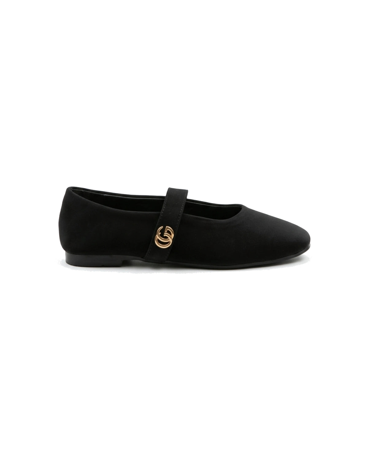 TKN Noelle black matte Mary Jane flat with a rounded toe and gold-tone interlocking ring detail — side view.