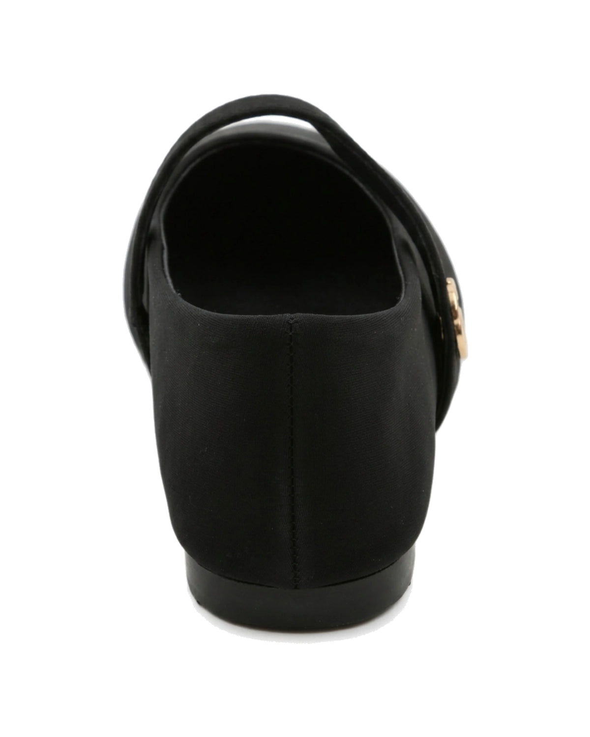 TKN Noelle black matte Mary Jane flat with a rounded toe and gold-tone interlocking ring detail — back view showing the low heel.