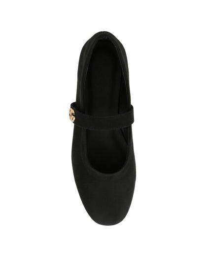 TKN Noelle black matte Mary Jane flat with a rounded toe and gold-tone interlocking ring detail — top view.
