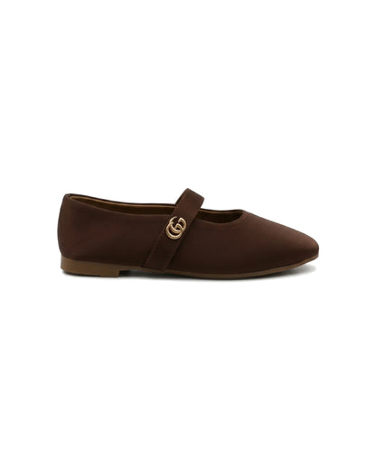 TKN Noelle brown matte Mary Jane flat with a rounded toe and gold-tone interlocking ring detail — side view.