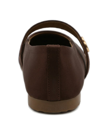 TKN Noelle brown matte Mary Jane flat with a rounded toe and gold-tone interlocking ring detail — back view showing the low heel.
