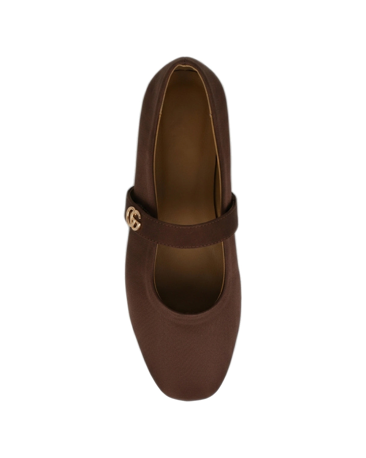 TKN Noelle brown matte Mary Jane flat with a rounded toe and gold-tone interlocking ring detail — top view.