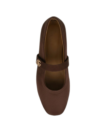 TKN Noelle brown matte Mary Jane flat with a rounded toe and gold-tone interlocking ring detail — top view.