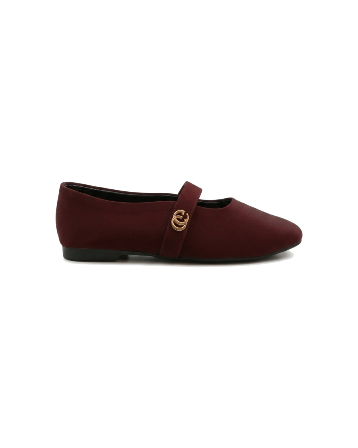 TKN Noelle burgundy matte Mary Jane flat with a rounded toe and gold-tone interlocking ring detail — side view.