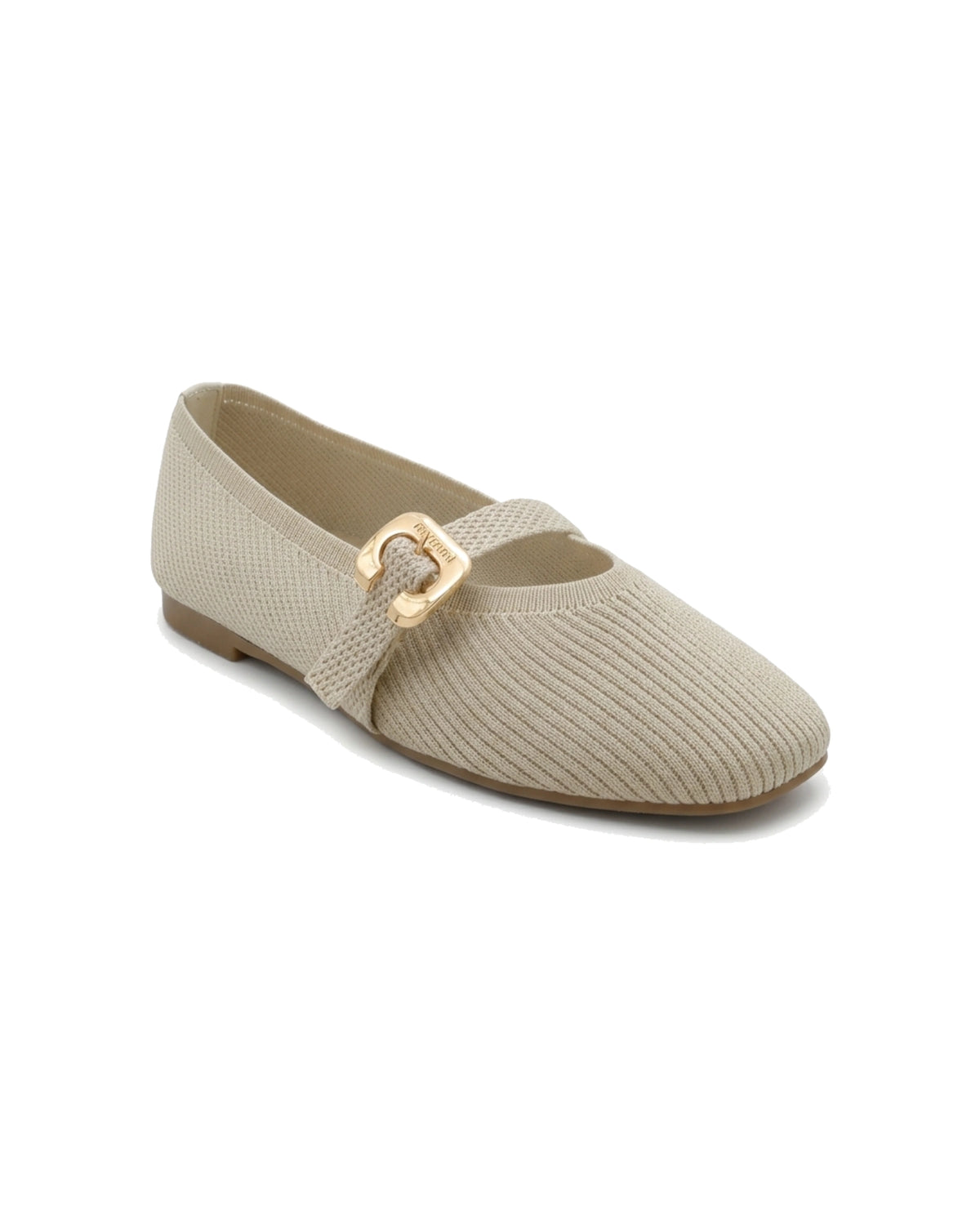 TKN Odette beige knit-texture Mary Jane flat with a softly squared toe and gold-tone buckle — front three-quarter view.