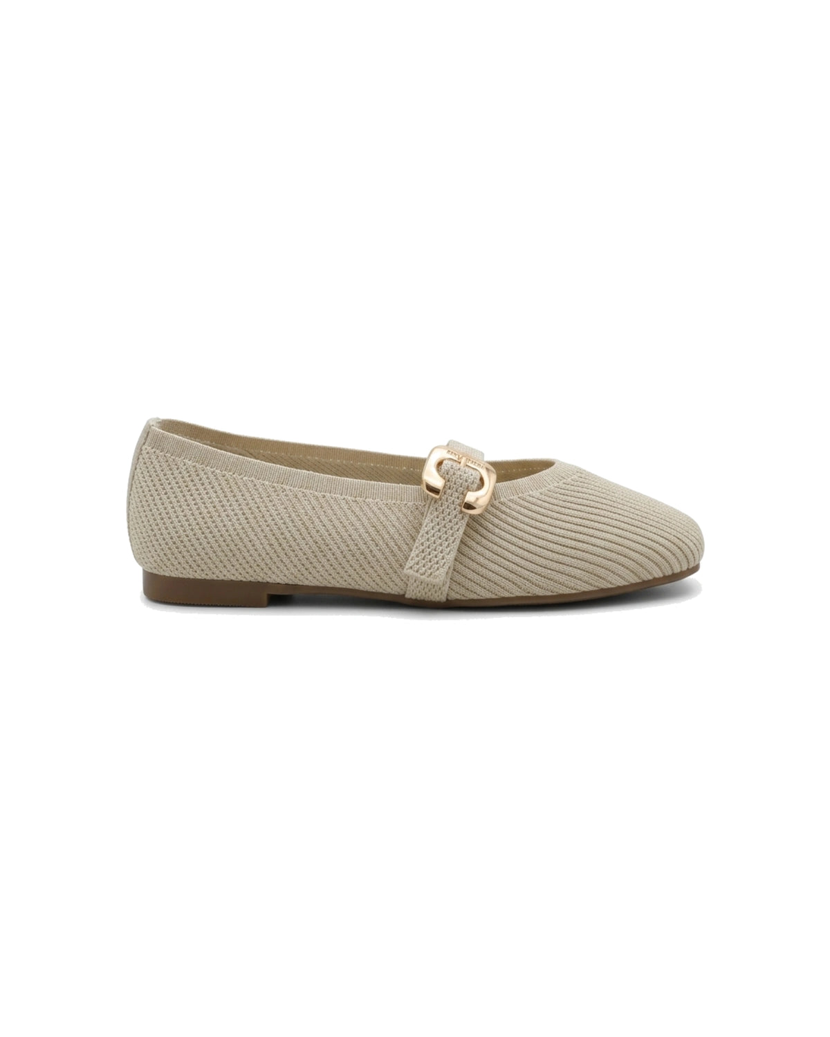 TKN Odette beige knit-texture Mary Jane flat with a softly squared toe and gold-tone buckle — side view.