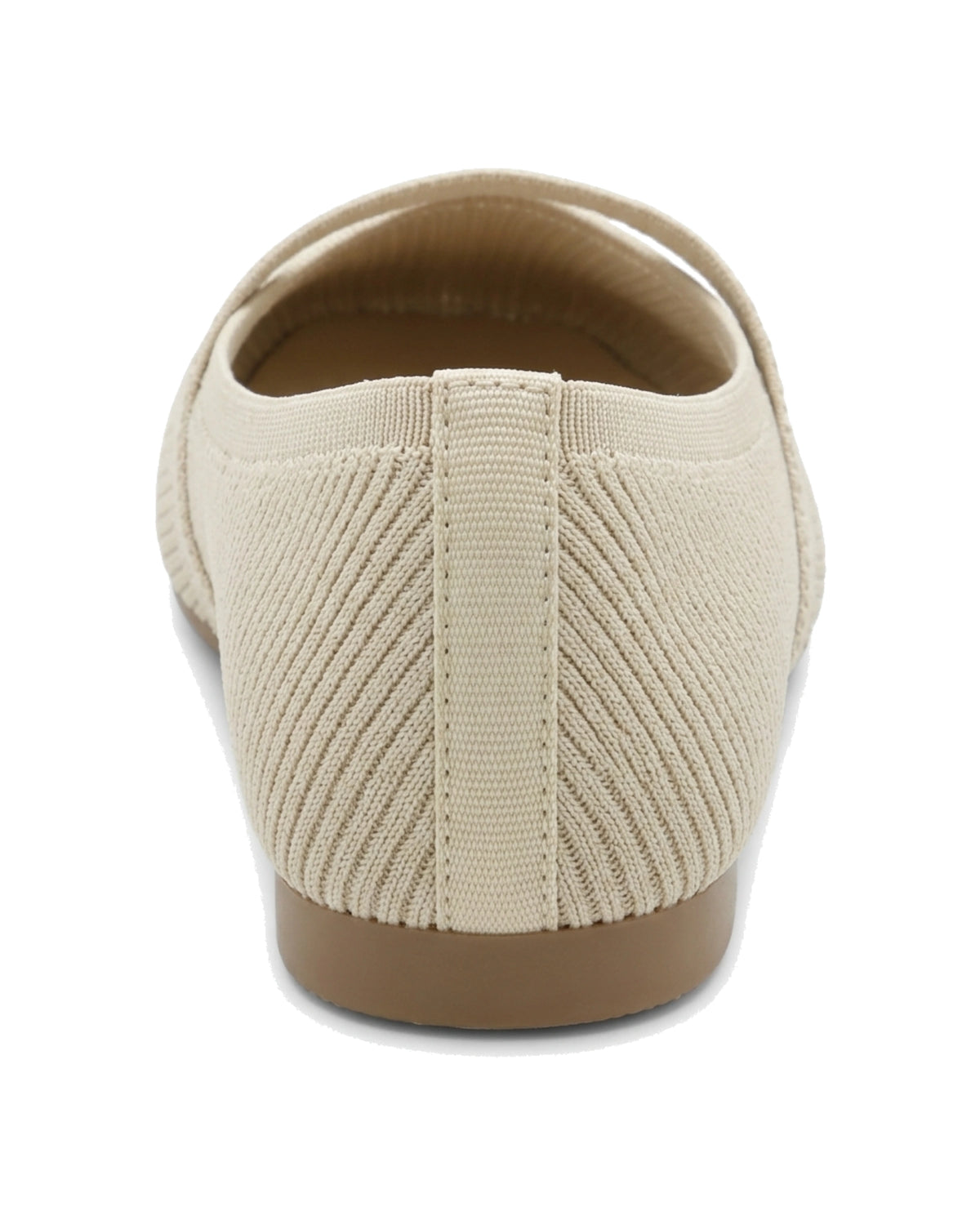 TKN Odette beige knit-texture Mary Jane flat with a softly squared toe and gold-tone buckle — back view showing the low heel.