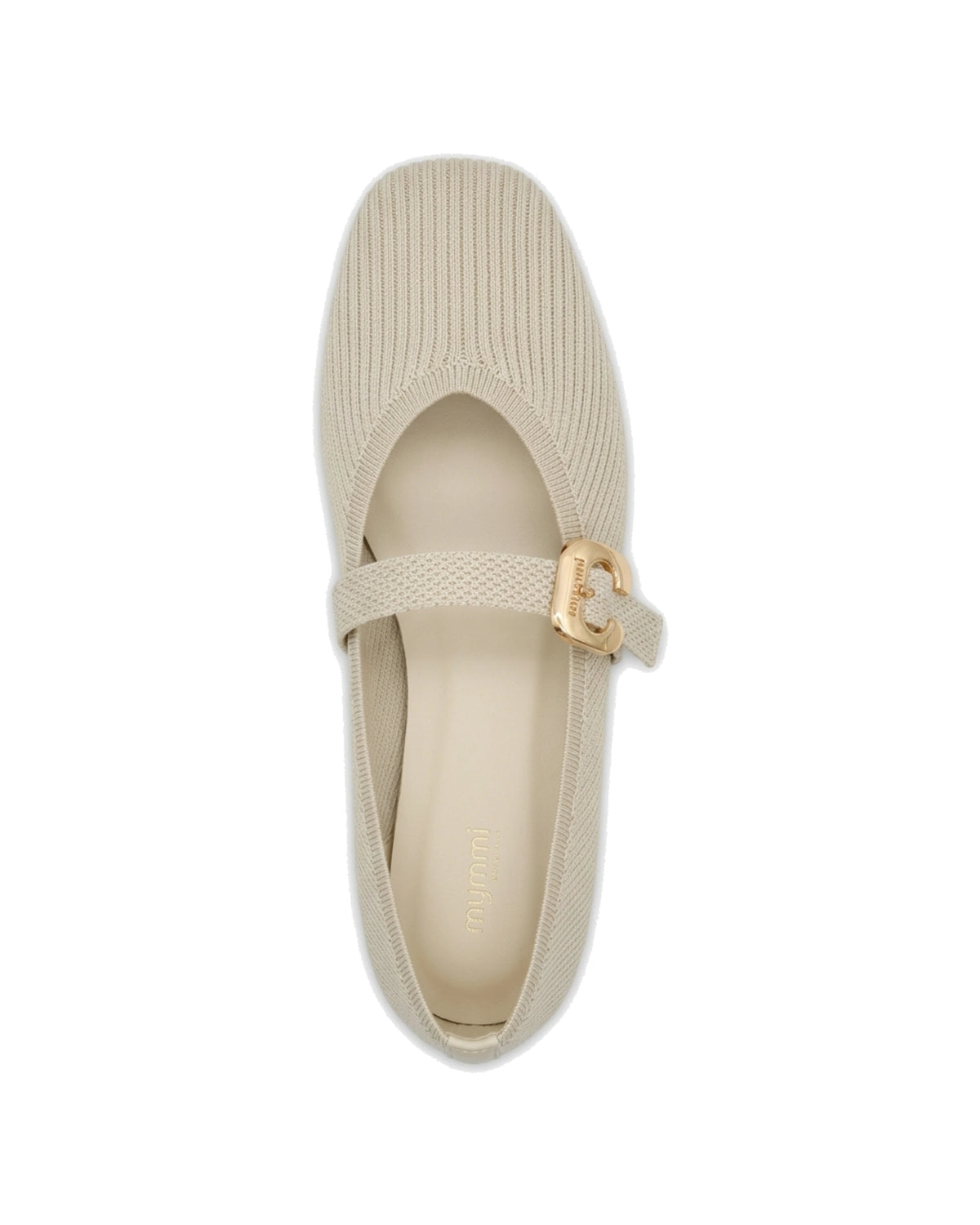 TKN Odette beige knit-texture Mary Jane flat with a softly squared toe and gold-tone buckle — top view.