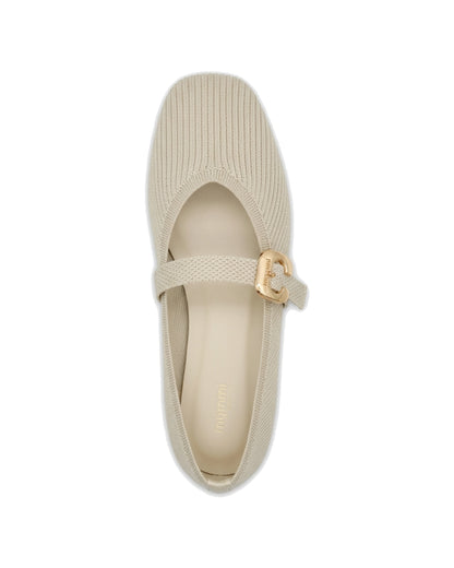 TKN Odette beige knit-texture Mary Jane flat with a softly squared toe and gold-tone buckle — top view.