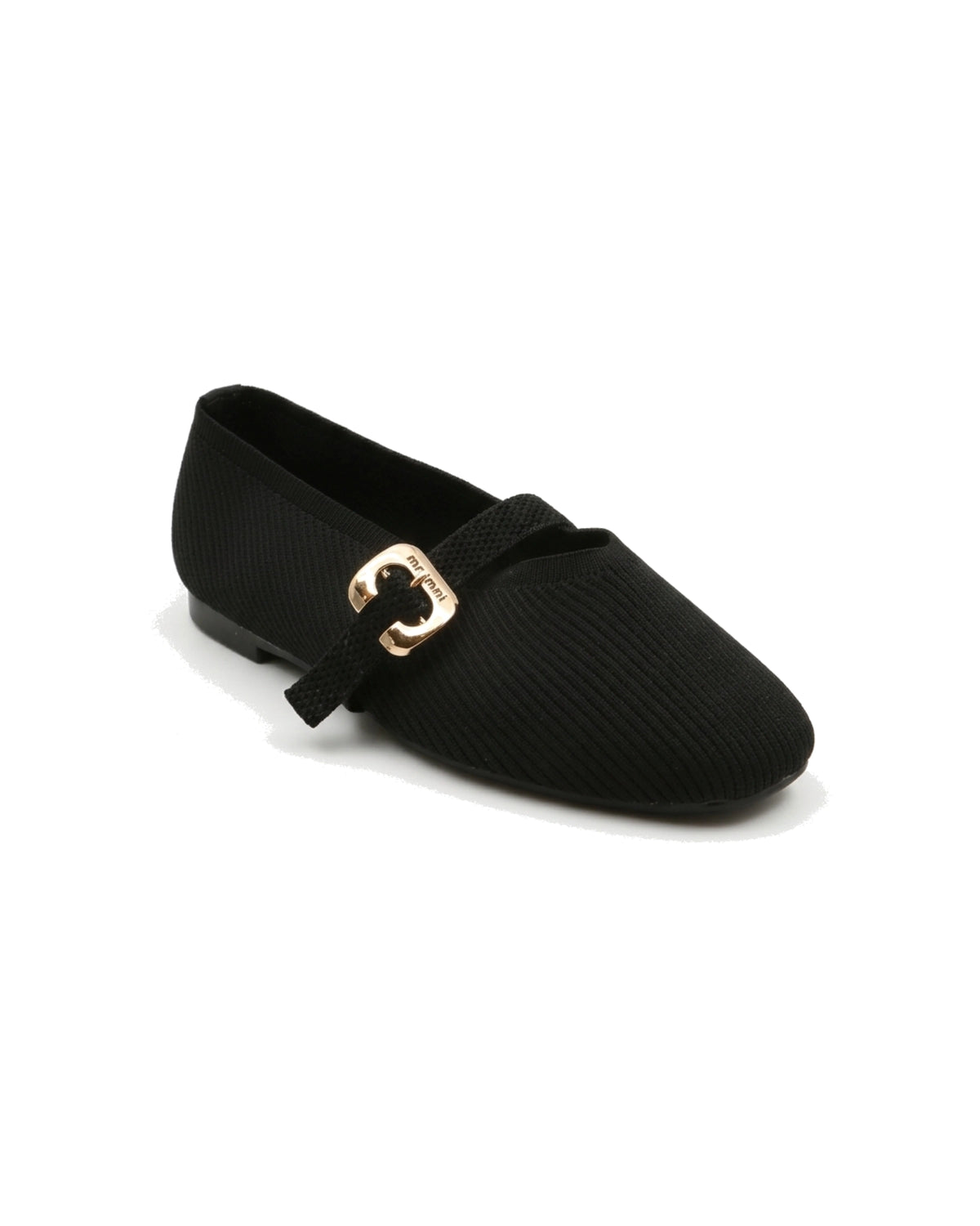 TKN Odette black knit-texture Mary Jane flat with a softly squared toe and gold-tone buckle — front three-quarter view.