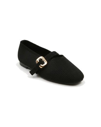 TKN Odette black knit-texture Mary Jane flat with a softly squared toe and gold-tone buckle — front three-quarter view.