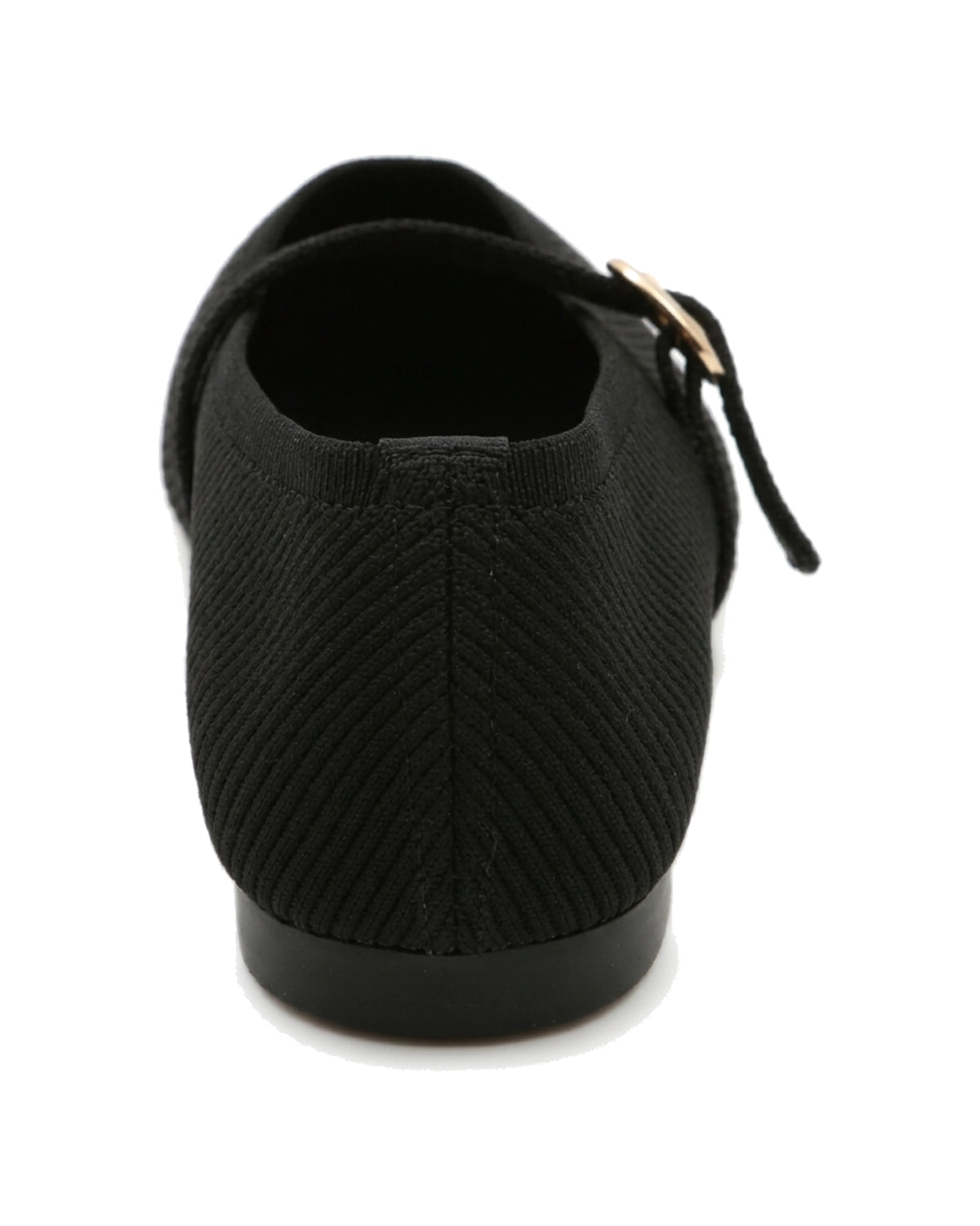 TKN Odette black knit-texture Mary Jane flat with a softly squared toe and gold-tone buckle — back view showing the low heel.