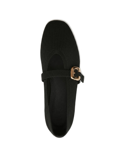 TKN Odette black knit-texture Mary Jane flat with a softly squared toe and gold-tone buckle — top view.