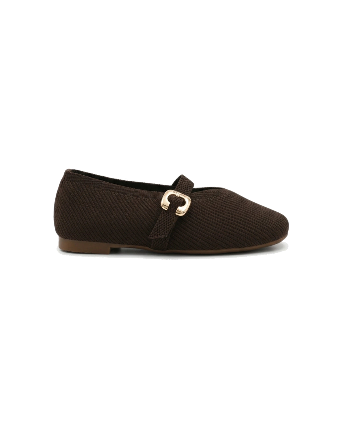 TKN Odette brown knit-texture Mary Jane flat with a softly squared toe and gold-tone buckle — side view.