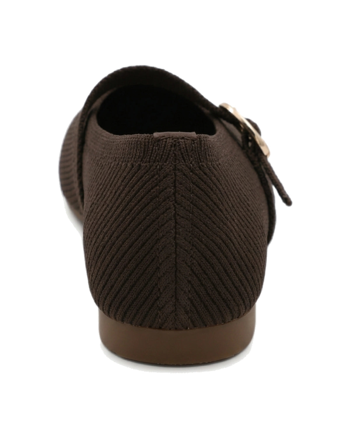 TKN Odette brown knit-texture Mary Jane flat with a softly squared toe and gold-tone buckle — back view showing the low heel.
