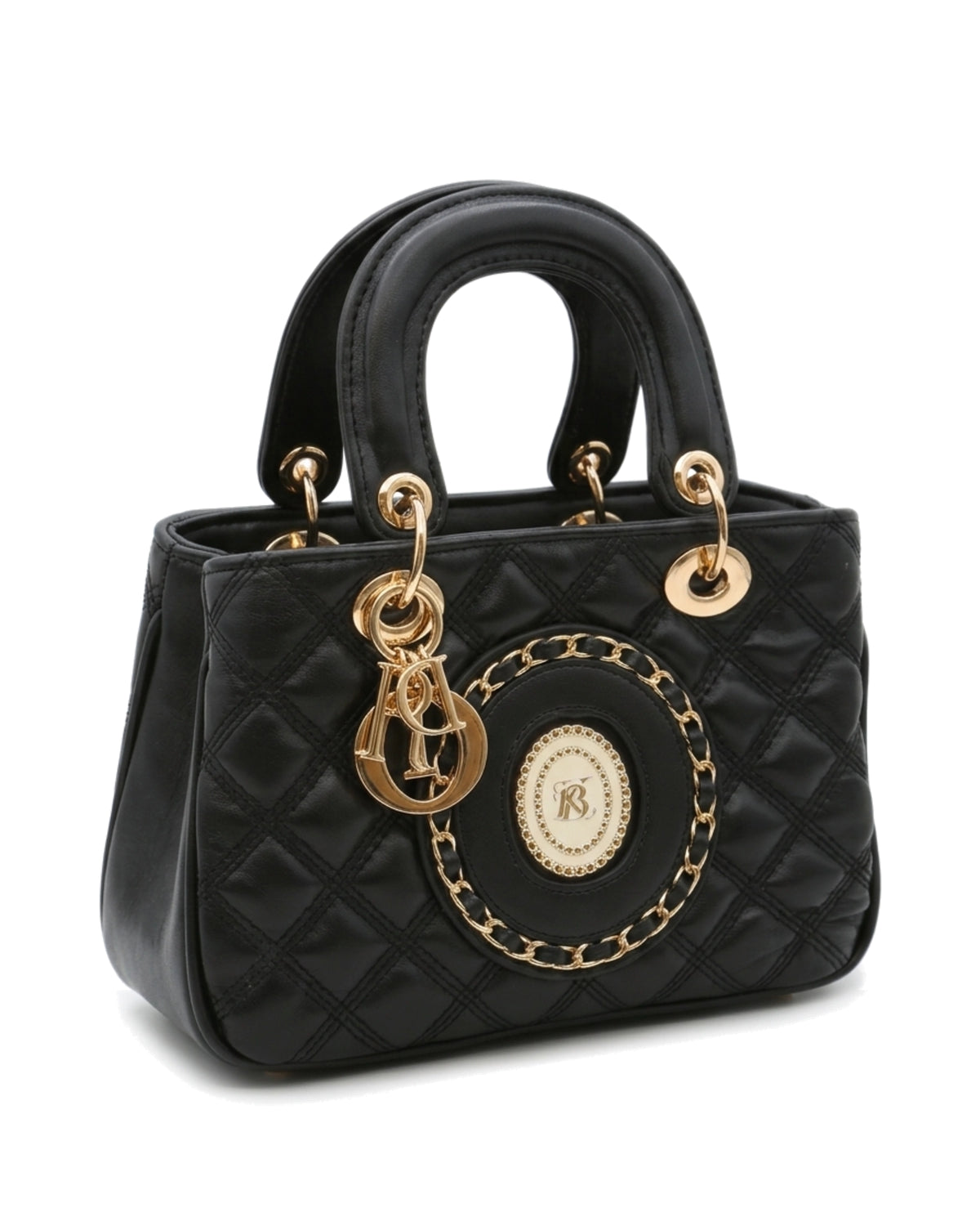 Ophelia Medallion Top-Handle Bag — Black — Front three-quarter