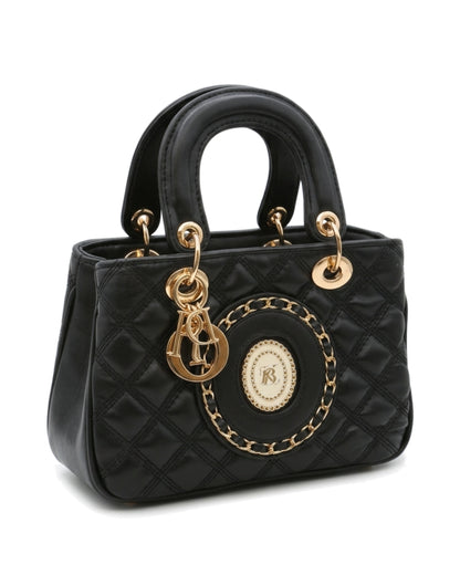 Ophelia Medallion Top-Handle Bag — Black — Front three-quarter