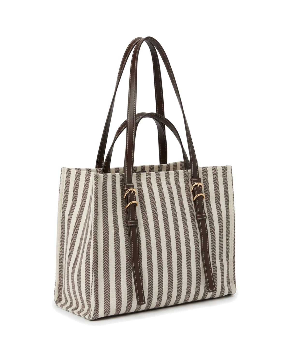 TKN Parallel — Cream / Brown Stripe — upright rectangular tote — front three-quarter view.