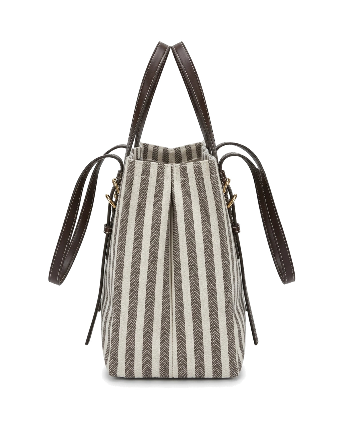 TKN Parallel — Cream / Brown Stripe — upright rectangular tote — side profile.