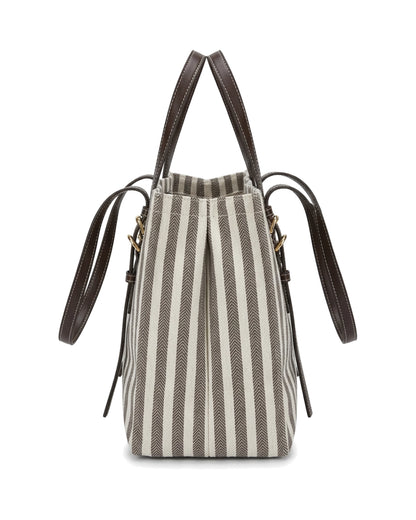 TKN Parallel — Cream / Brown Stripe — upright rectangular tote — side profile.