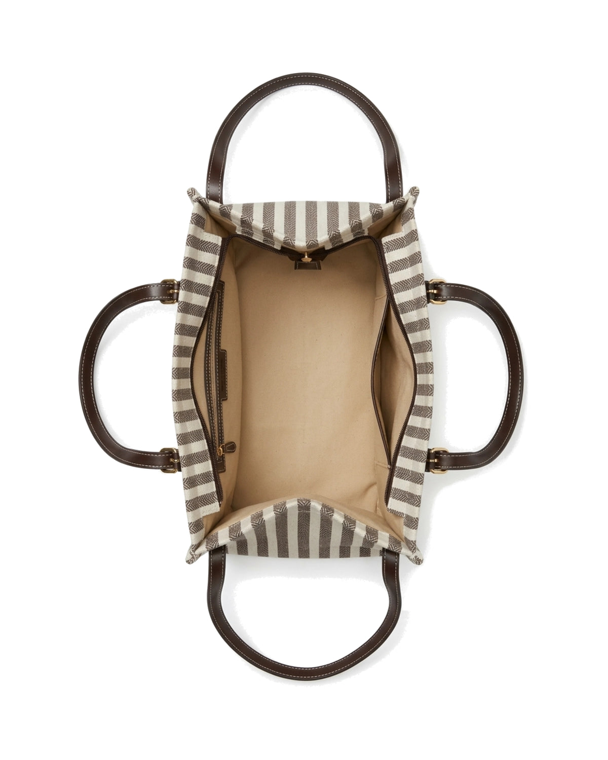 TKN Parallel — Cream / Brown Stripe — upright rectangular tote — overhead view.