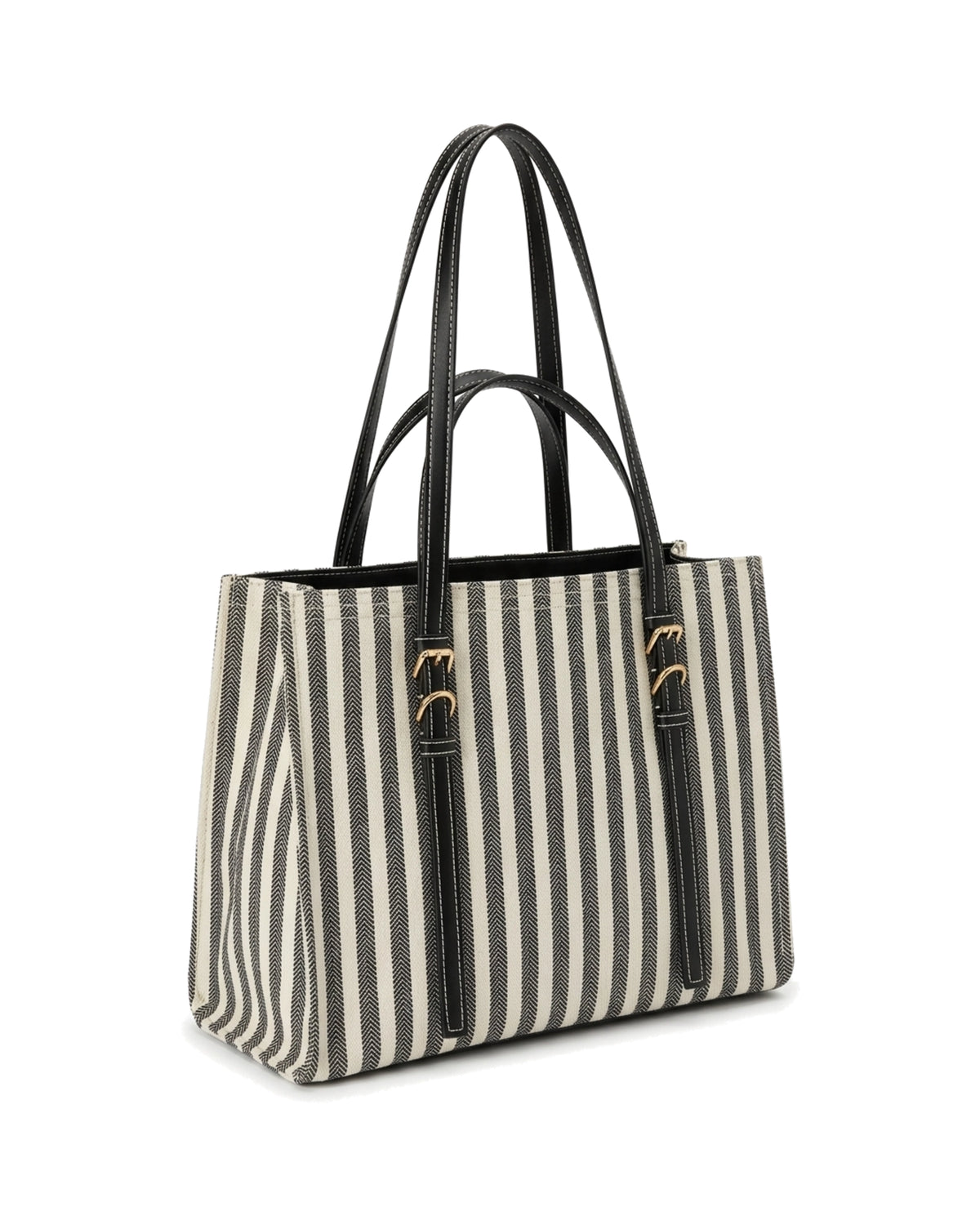 TKN Parallel — Cream / Black Stripe — upright rectangular tote — front three-quarter view.