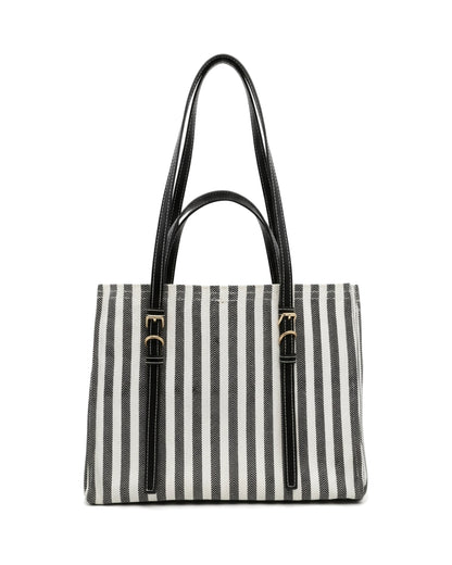 TKN Parallel — Cream / Black Stripe — upright rectangular tote — side profile.