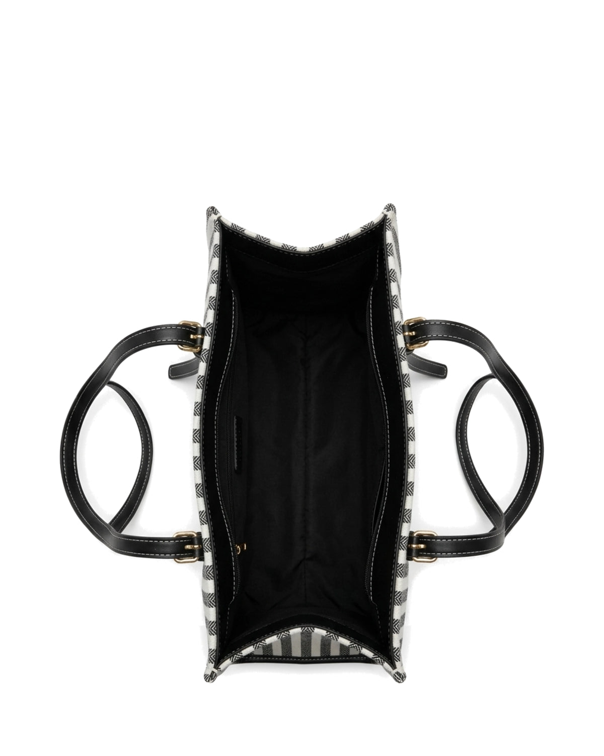 TKN Parallel — Cream / Black Stripe — upright rectangular tote — overhead view.