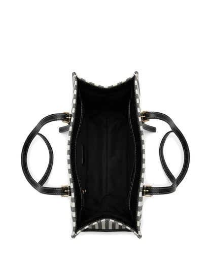 TKN Parallel — Cream / Black Stripe — upright rectangular tote — overhead view.