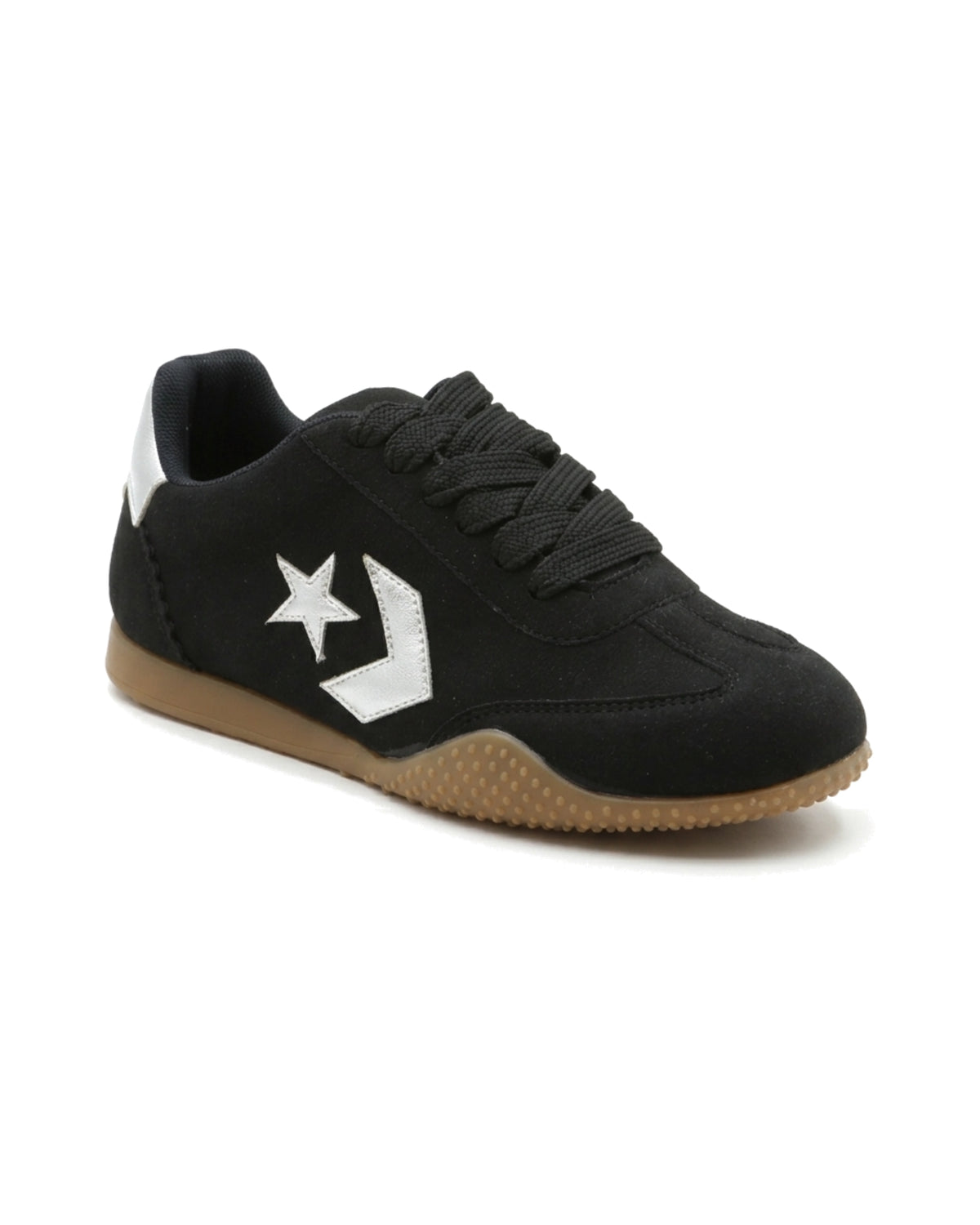 TKN Rally — Black — low-top lace-up silhouette — front three-quarter view.
