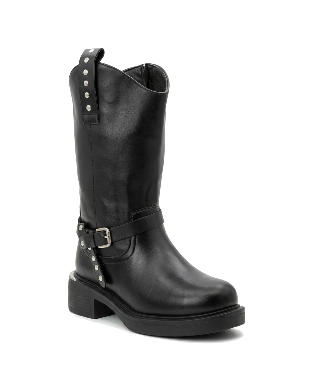 TKN Ravenna black harness boot with silver-tone buckle and stud details — front three-quarter view.