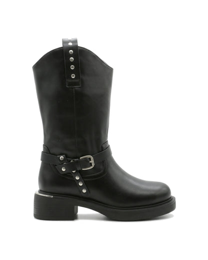 TKN Ravenna black harness boot with silver-tone buckle and stud details — side view.