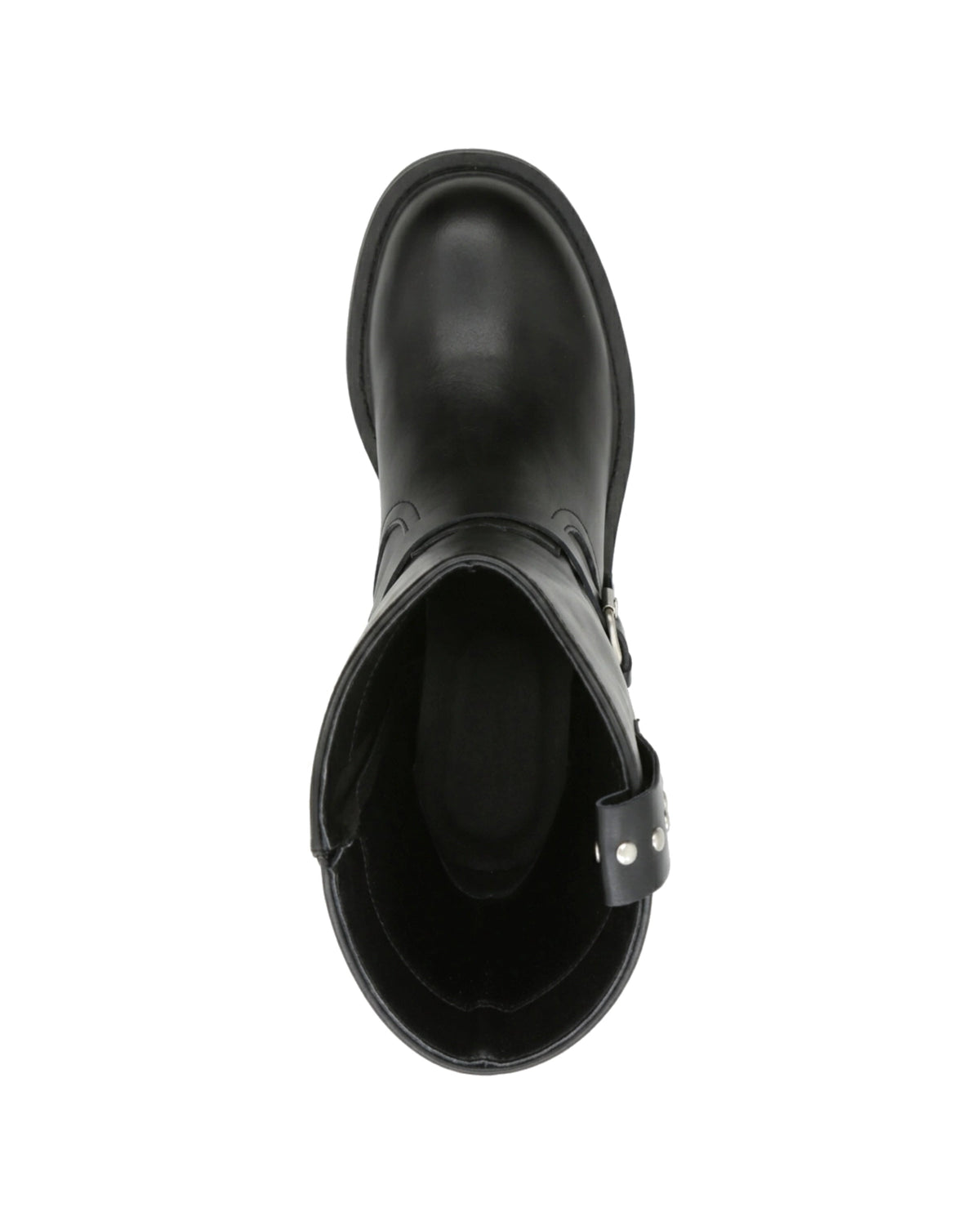 TKN Ravenna black harness boot with silver-tone buckle and stud details — top view.