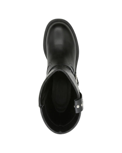 TKN Ravenna black harness boot with silver-tone buckle and stud details — top view.