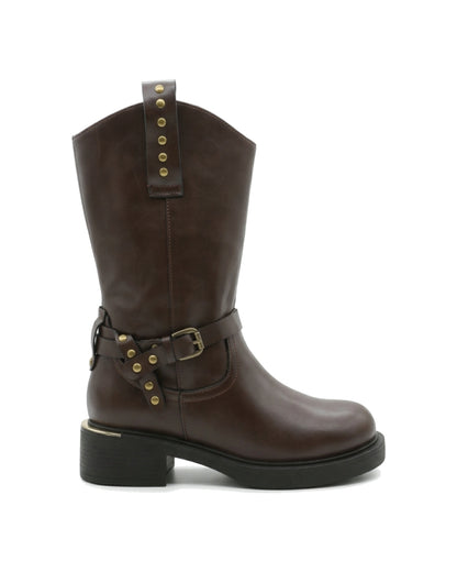 TKN Ravenna dark brown harness boot with antiqued gold-tone buckle and stud details — side view.