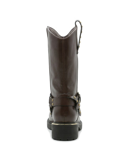 TKN Ravenna dark brown harness boot with antiqued gold-tone buckle and stud details — back view showing the shaft and heel.