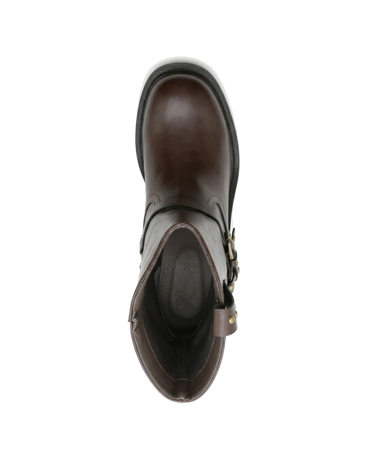 TKN Ravenna dark brown harness boot with antiqued gold-tone buckle and stud details — top view.