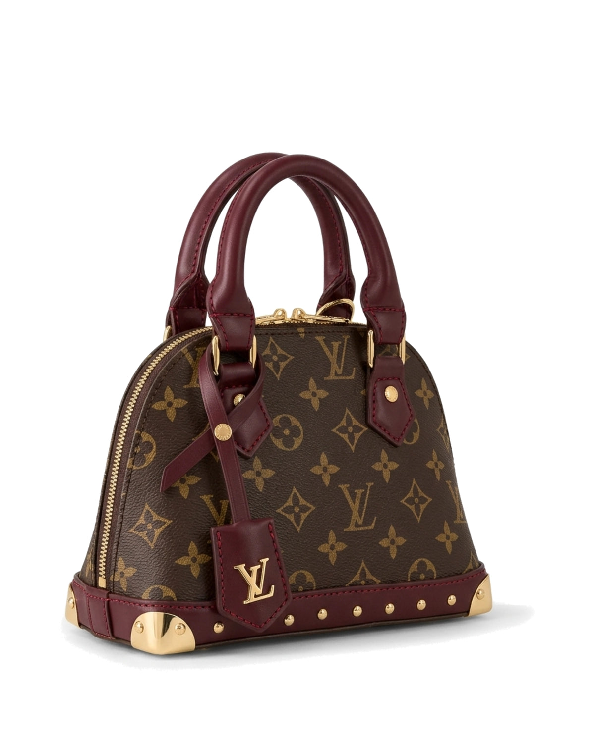 Rosalie Studded Dome Bag — Brown Pattern / Burgundy — Front three-quarter