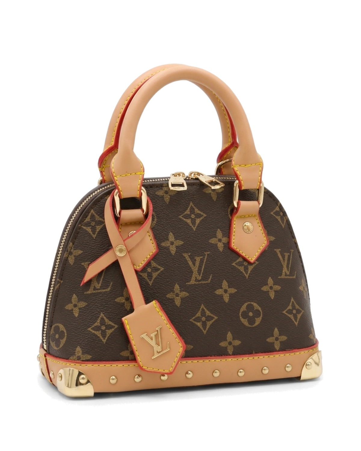 Rosalie Studded Dome Bag — Brown Pattern / Tan — Front three-quarter
