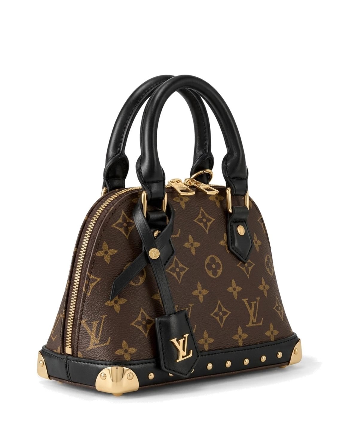 Rosalie Studded Dome Bag — Brown Pattern / Black — Front three-quarter