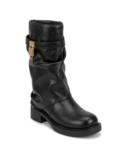 TKN Sienna black slouch boot with gold-tone padlock-and-key detail — front three-quarter view.
