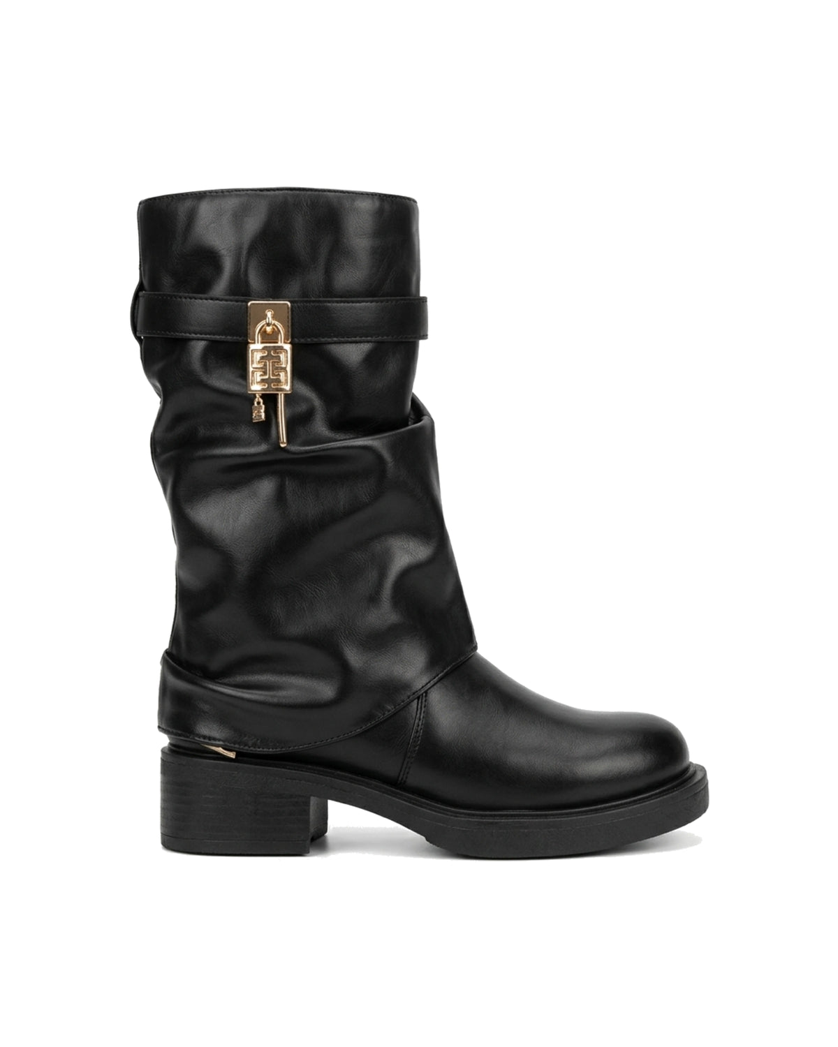 TKN Sienna black slouch boot with gold-tone padlock-and-key detail — side view.