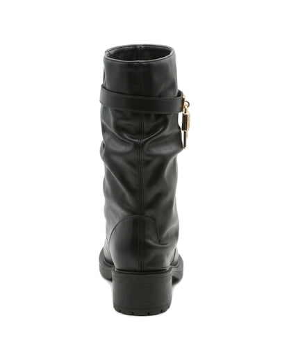 TKN Sienna black slouch boot with gold-tone padlock-and-key detail — back view showing the shaft and heel.