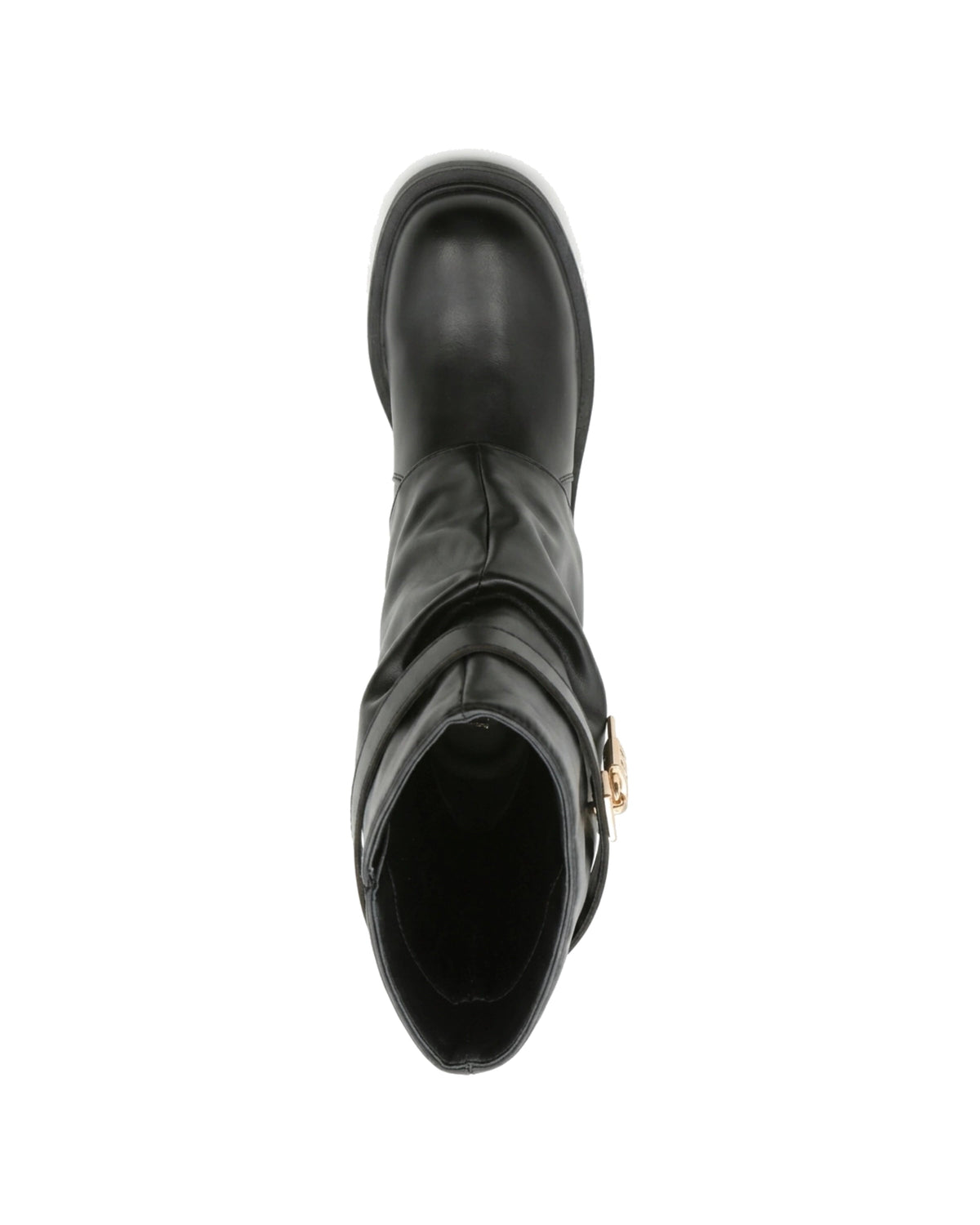 TKN Sienna black slouch boot with gold-tone padlock-and-key detail — top view.