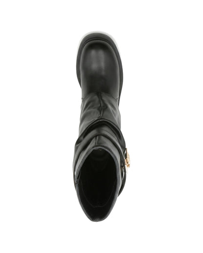 TKN Sienna black slouch boot with gold-tone padlock-and-key detail — top view.