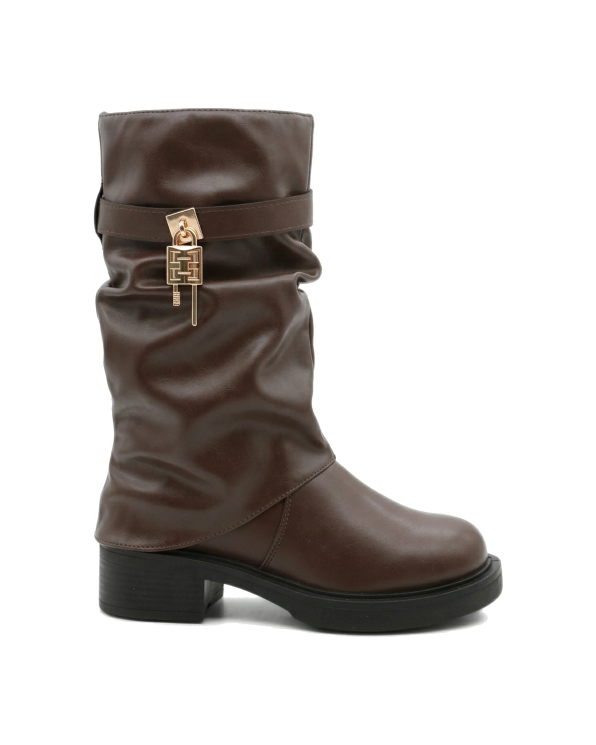 TKN Sienna dark brown slouch boot with gold-tone padlock-and-key detail — side view.