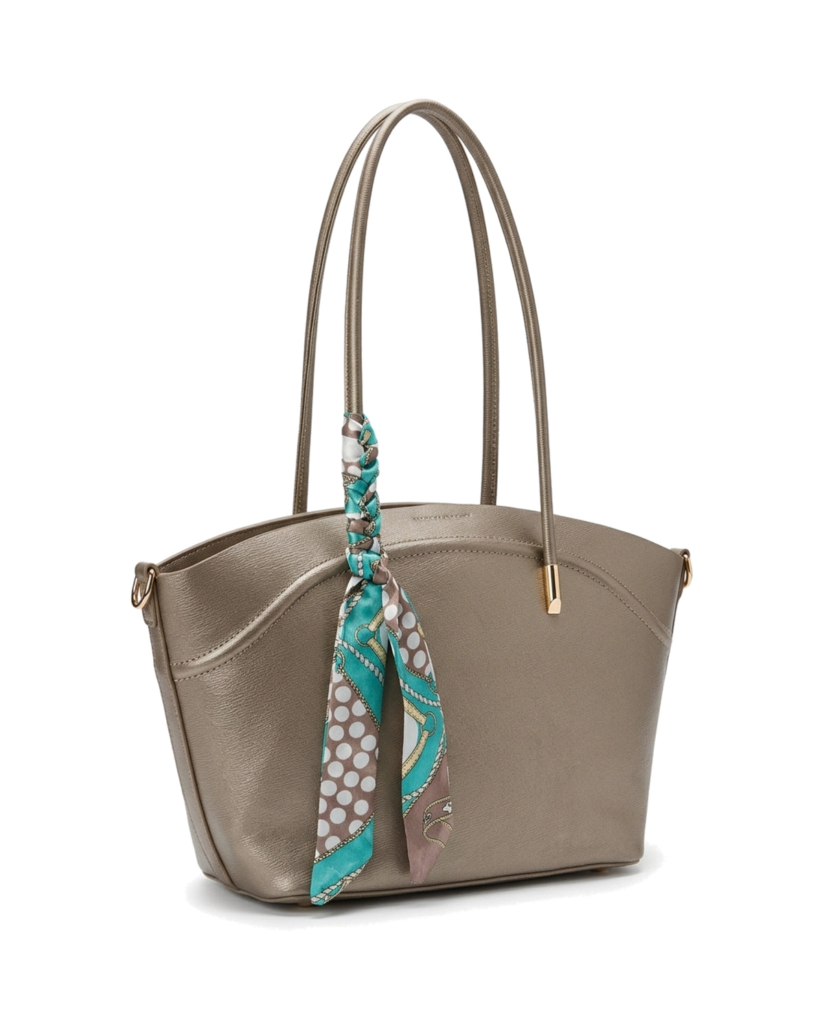 Sorelle Scarf-Accent Tote Bag — Taupe — Front three-quarter