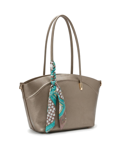 Sorelle Scarf-Accent Tote Bag — Taupe — Front three-quarter